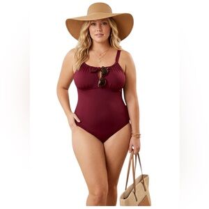 Time & Tru Women Ruby Red Keyhole Tie Front One Piece Swimsuit Size: 1X